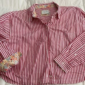 American Eagle Red and White Striped cropped Shirt with Floral Cuffs